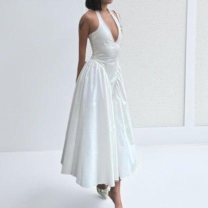 2025 Amazon Spring Hot Selling Cross-border European and American Clothing Solid Color Sexy Deep V Hollow Halterneck Temperament Dress