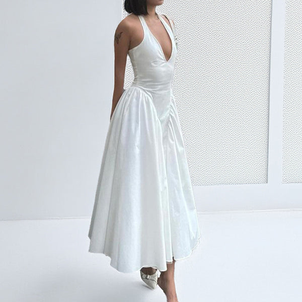 2025 Amazon Spring Hot Selling Cross-border European and American Clothing Solid Color Sexy Deep V Hollow Halterneck Temperament Dress