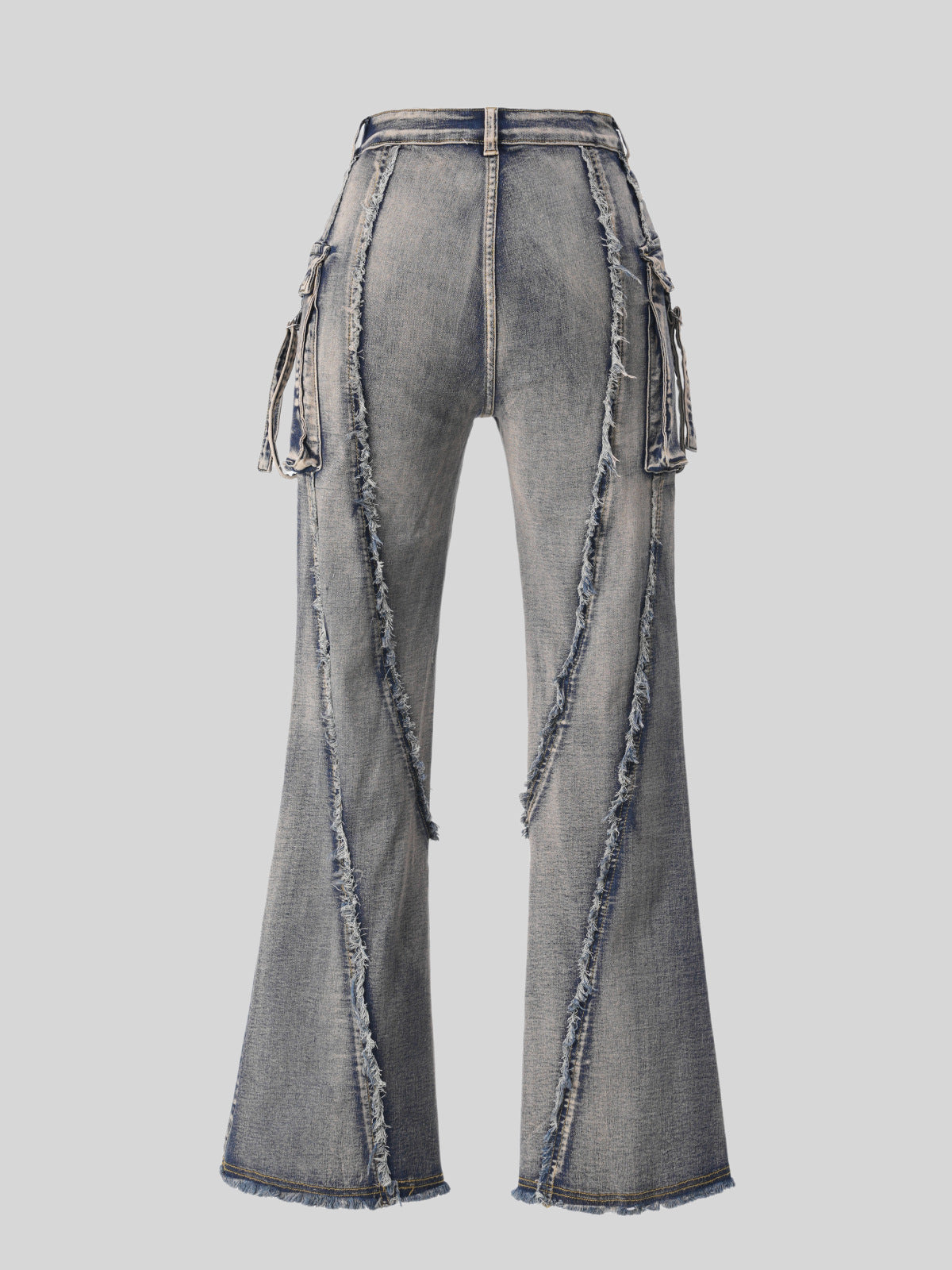 Street Trend Brand Wasteland Style Workwear Jeans, 3D Pocket Frayed Slightly Flared Wide-Leg Pants Women Jeans