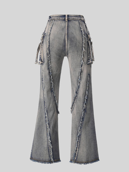 Street Trend Brand Wasteland Style Workwear Jeans, 3D Pocket Frayed Slightly Flared Wide-Leg Pants Women Jeans