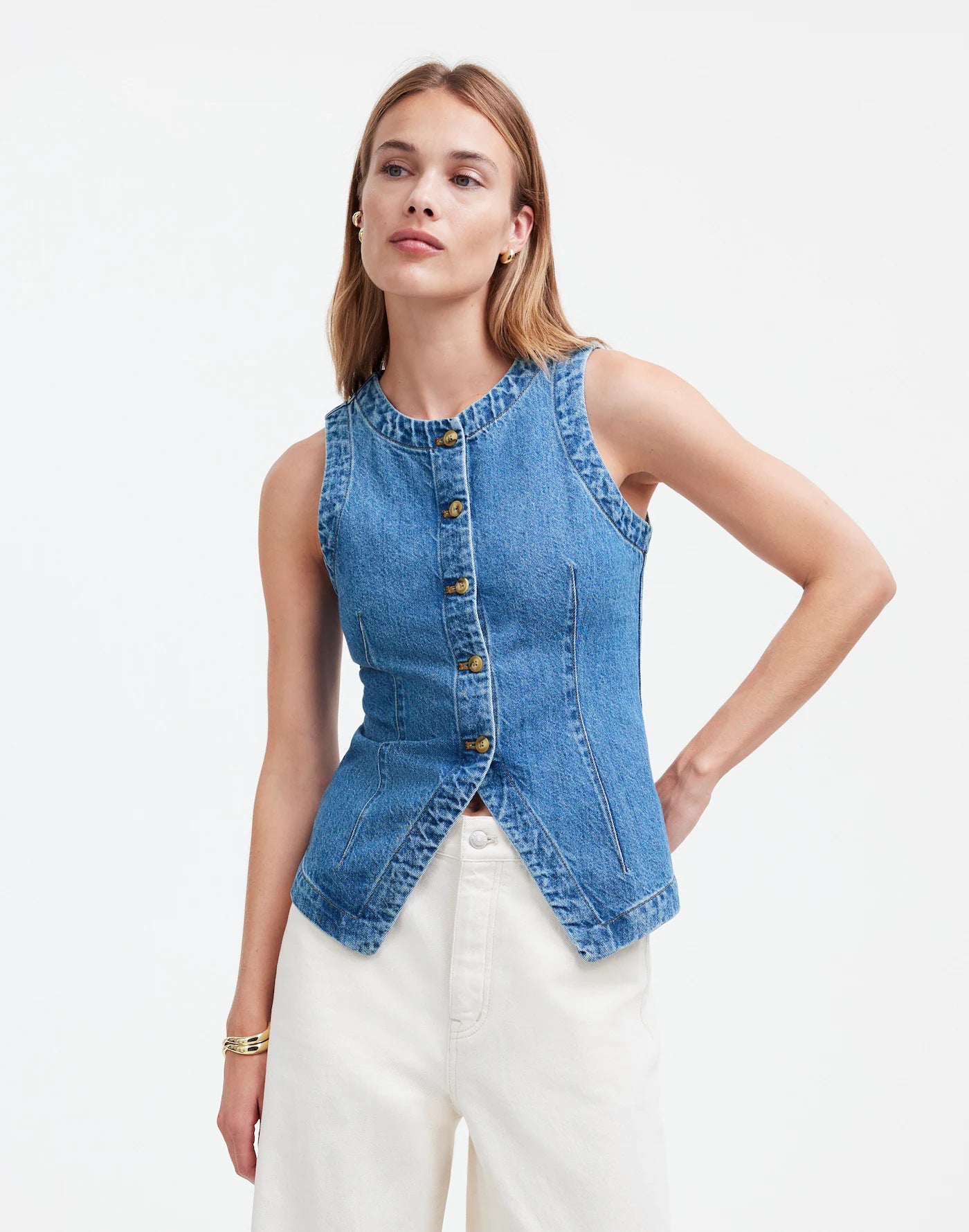 2025 summer new European and American cross-border foreign trade sleeveless slim slim denim vest women's crew neck shoulder vest