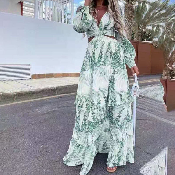 2025 European and American women's clothing Amazon new commuter long skirt openwork V-neck print high-waisted large swing dress women's 661