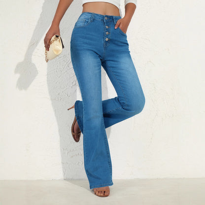 Cross-border exclusive Amazon independent station spot European and American clothing high-waisted elastic nail buckle tight bootcut jeans for women