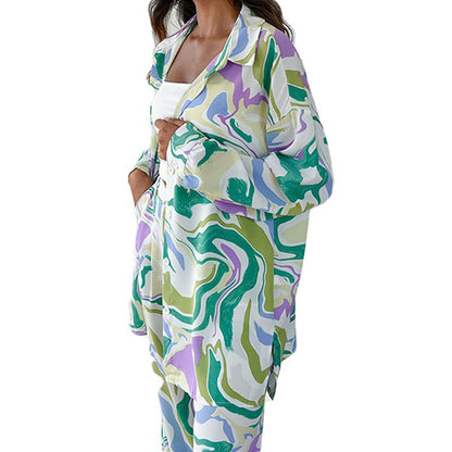 2026 Spring New European and American Cross-border Women's Clothing Temperament Printed Long Sleeve Shirt Loose Straight Pants Fashion Suit