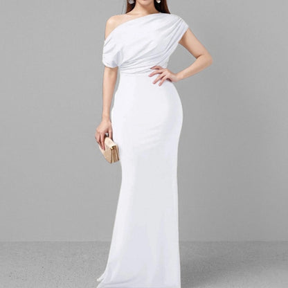 2025 Summer Amazon Cross-border European and American Fashion New Temperament Elegant and Fashionable Solid Color Hip Wrapping Slanted Shoulder Dress