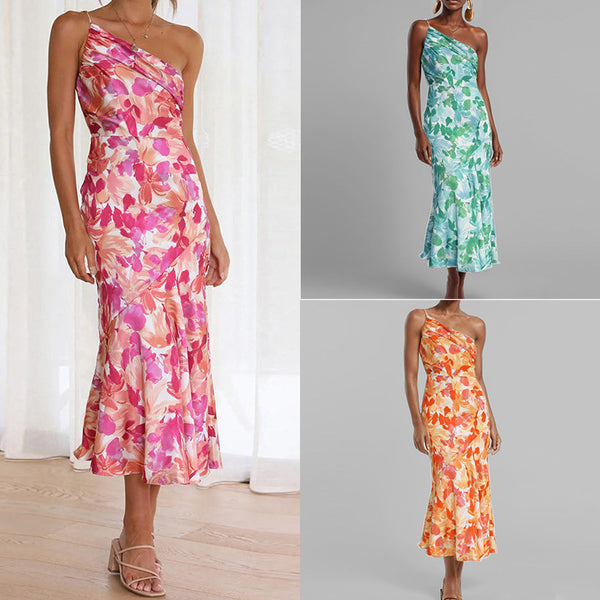 Amazon cross-border spring new European and American fashion print temperament diagonal collar off-the-shoulder suspender mid-length dress 661