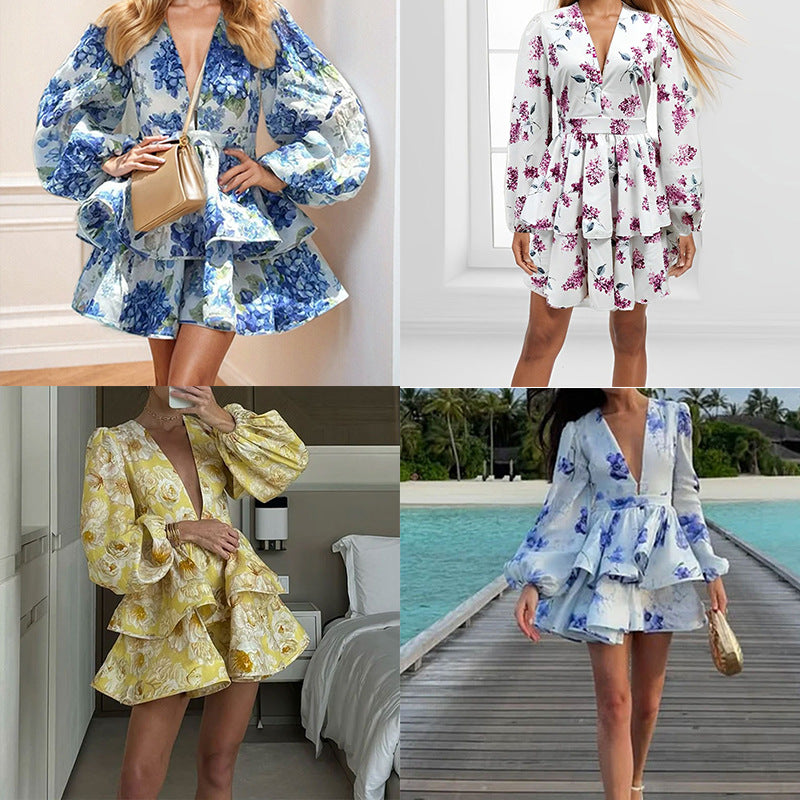 2026 European and American cross-border women's elegant and fashionable V-neck puff sleeve printed ruffled cropped European and American dress women