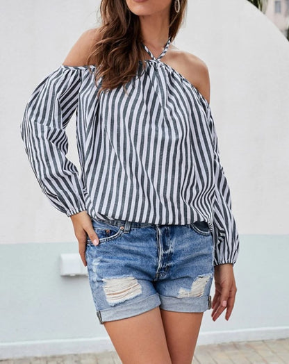 Europe and the United States 2023 cross-border Amazon spring and autumn new tops striped sexy fashion one-shoulder shirt top for women
