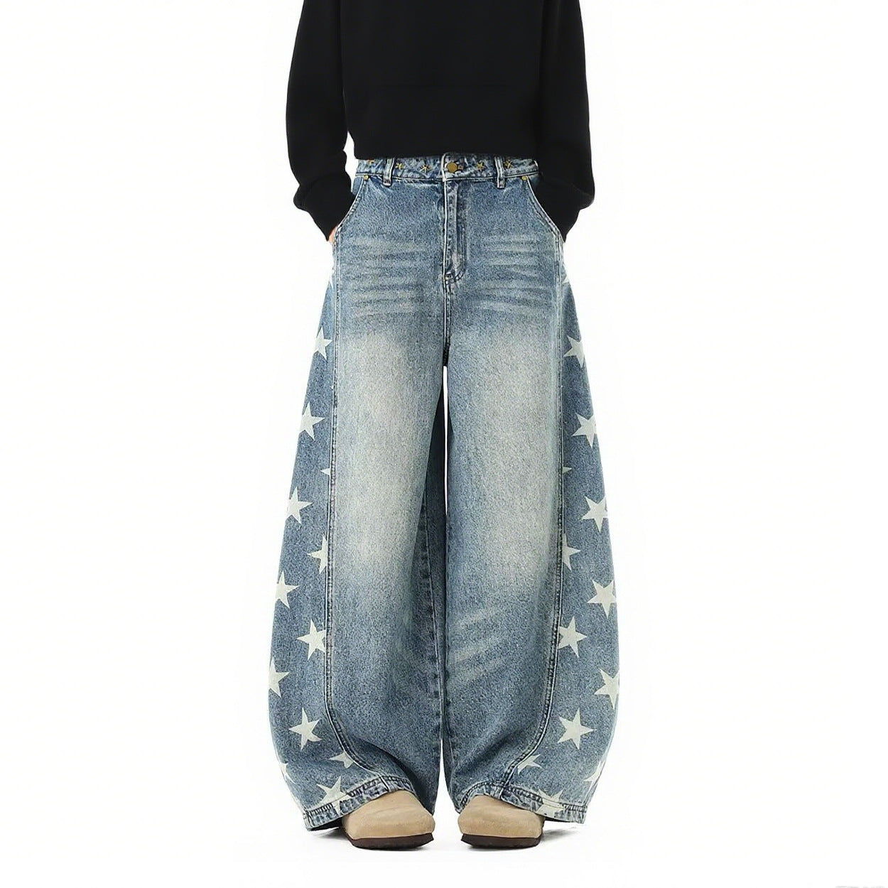 Summer American fashion brand five-star print scimitar jeans women's trend oversize loose wide-leg denim trousers