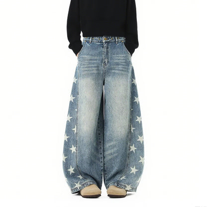 Summer American fashion brand five-star print scimitar jeans women's trend oversize loose wide-leg denim trousers