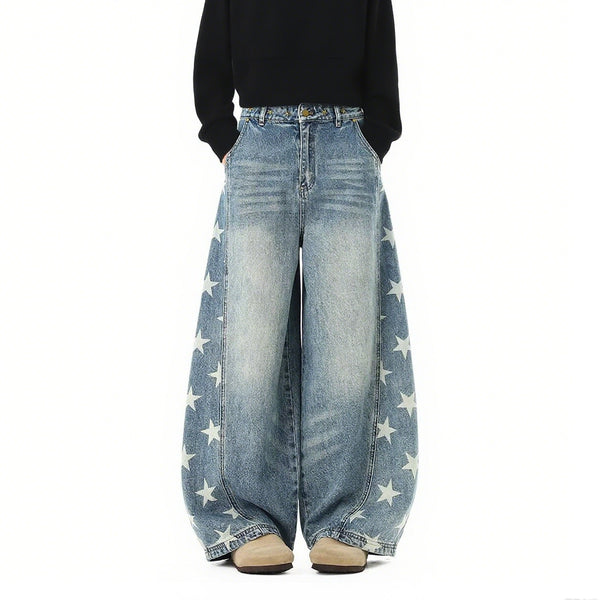 Summer American fashion brand five-star print scimitar jeans women's trend oversize loose wide-leg denim trousers