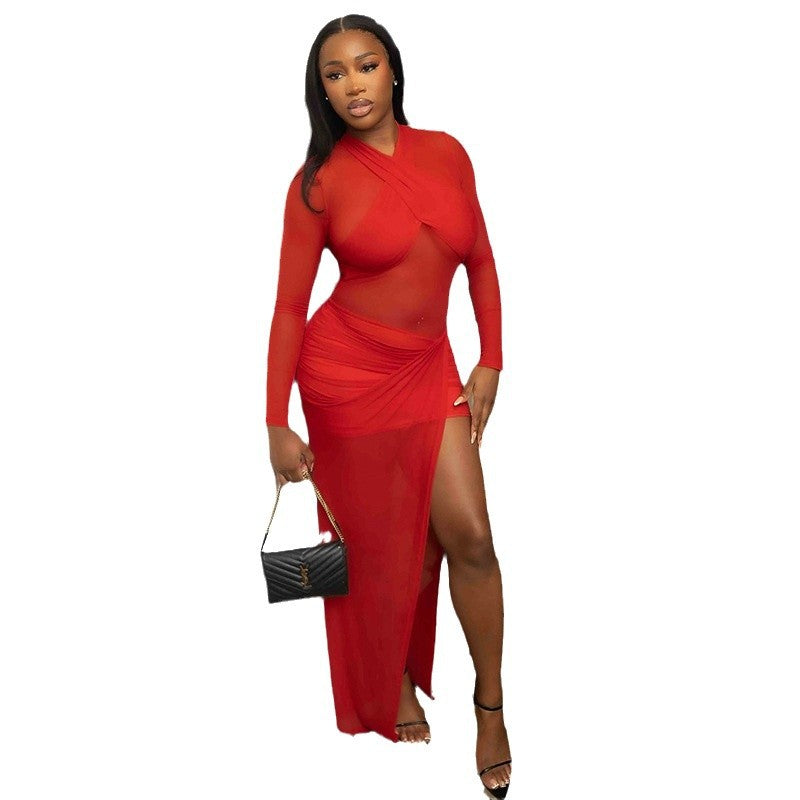 European and American women's sexy cross-stitched see-through mesh dresses cross-border new red round neck slim hip skirt