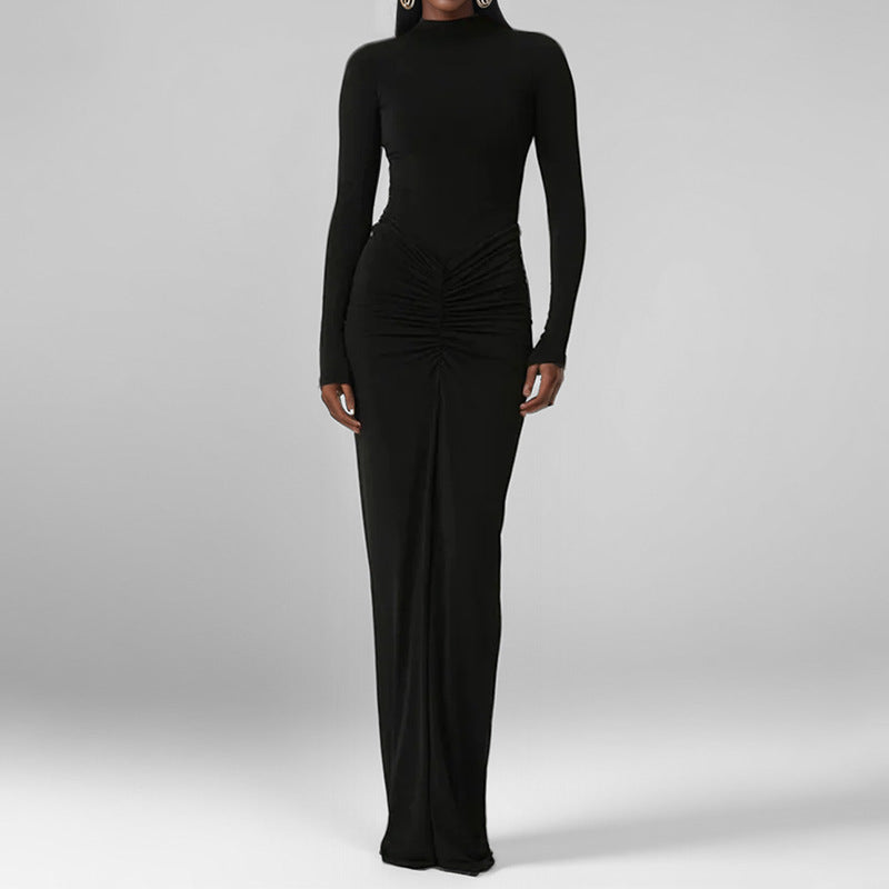 Cross-border spring 2026 new European and beautiful clothing temperament elegant solid color slim pleated hip tuck dress 661