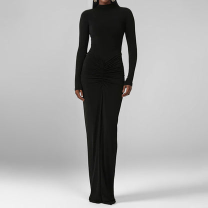 Cross-border spring 2026 new European and beautiful clothing temperament elegant solid color slim pleated hip tuck dress 661