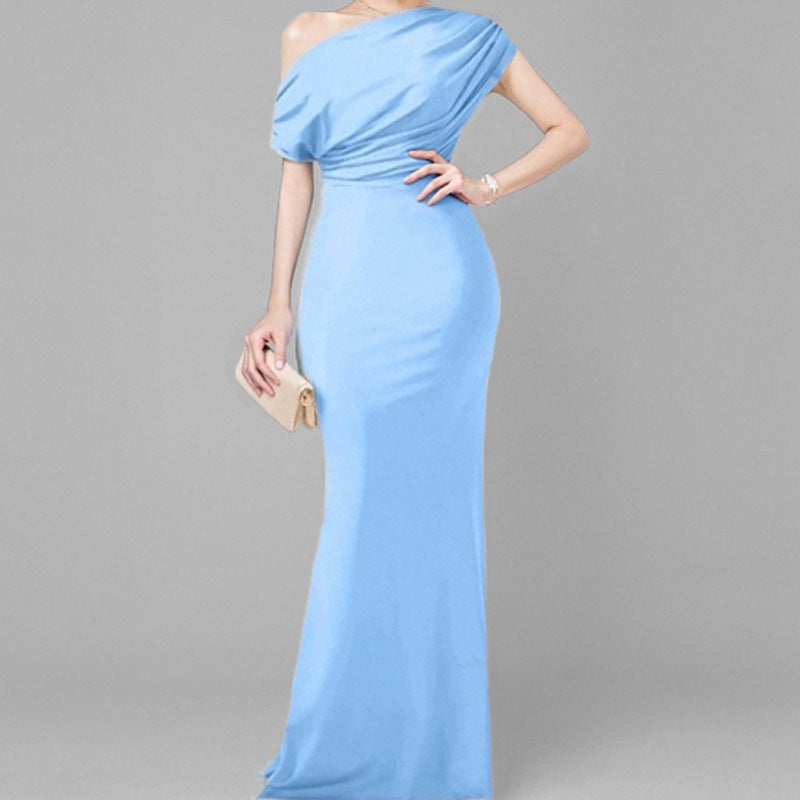 2025 Summer Amazon Cross-border European and American Fashion New Temperament Elegant and Fashionable Solid Color Hip Wrapping Slanted Shoulder Dress