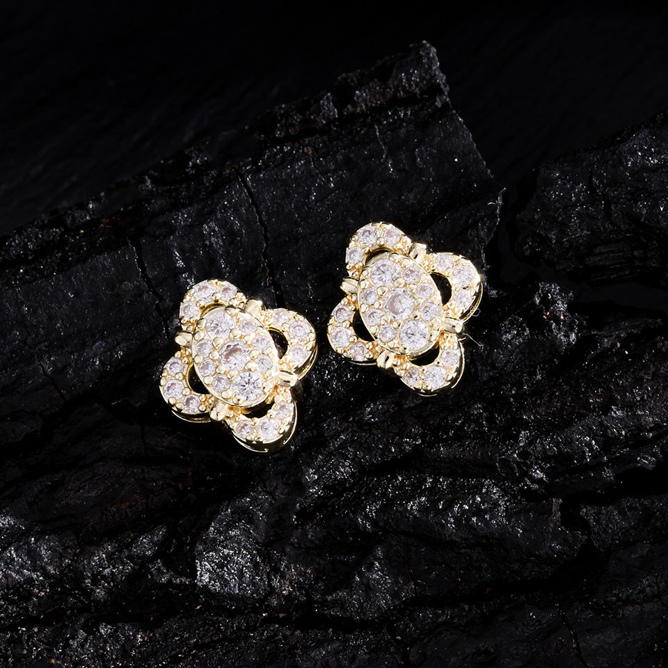 RAKOL Niche Design, Exquisite Hollow-Out Zircon Floral Earrings, Light Luxury Style Studs, Compact and Versatile Earrings
