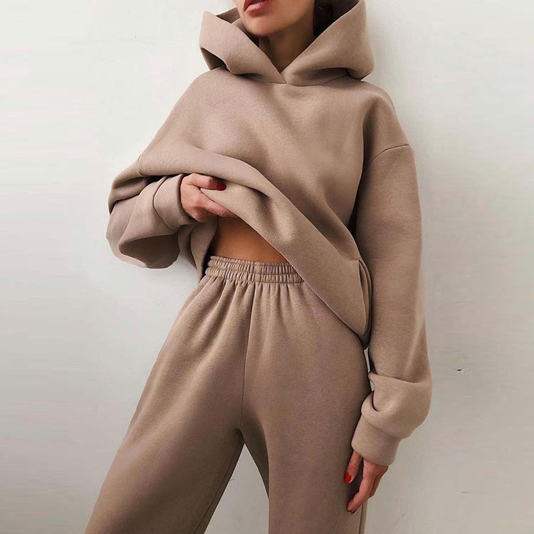 2026 spring new cross-border European and American clothing solid color hooded sweatshirt trousers street fashion casual two-piece set