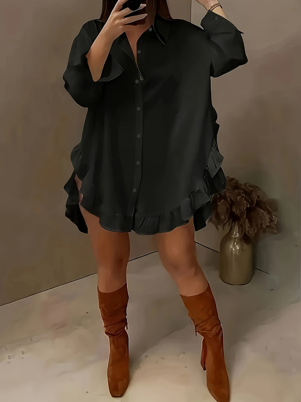 Plus size women's new cross-border foreign trade euro size women's solid color loose casual ruffle hem loose shirt