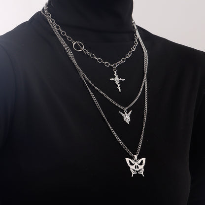 European and American cross-border jewelry, trendy multi-layer hollow butterfly, rose, cross, sweater, necklace, women's Korean version of the necklace
