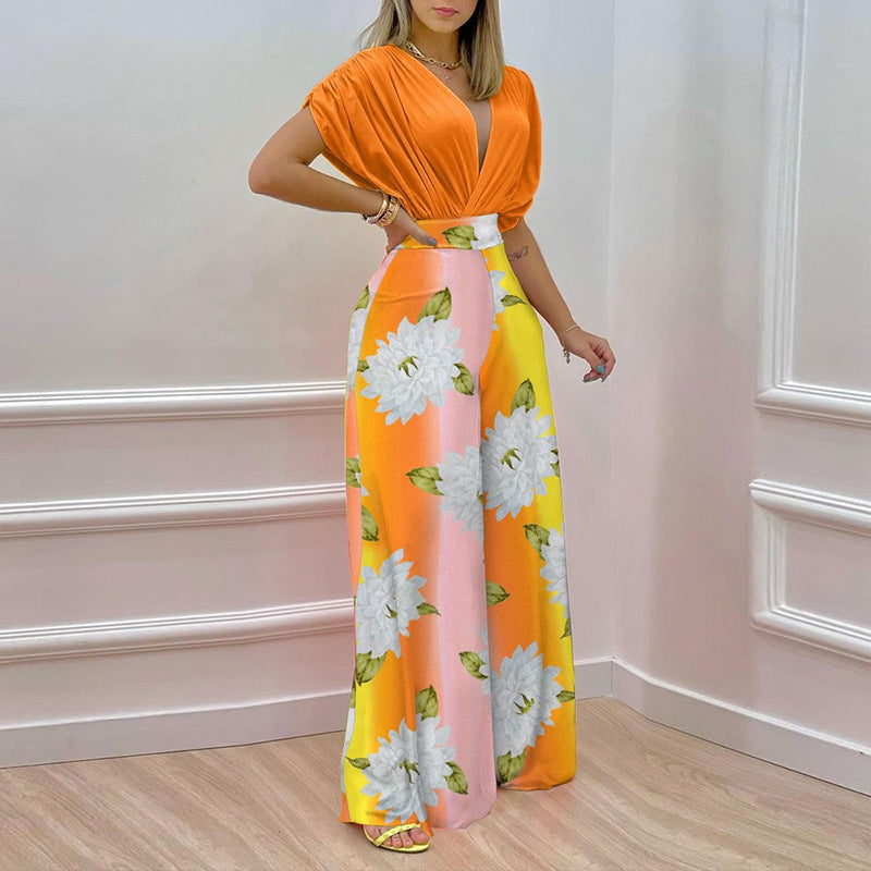 2026 European and American Clothing Independent Station Spring New Temperament V-Neck Printed Wide-leg Pants Fashion Casual Suit 661