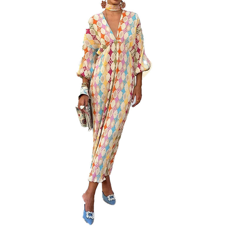 Elegante vestido comprido com decote em V, estampado e mangas abalonadas da Amazon, novidade da coleção Primavera 2026 de roupa europeia e de beleza para mulher.