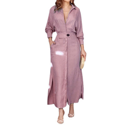 2026 European and American New Temperament Women's Lace-up Solid Color Waist Long Sleeve Irregular Shirt European and American Dress