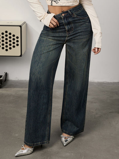 Nostalgic retro American wide-leg jeans women's spring 2025 new loose high-waisted straight-leg pleated floor-length pants