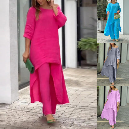 2026 spring new cross-border European and beautiful clothing temperament elegant and loose solid color fashion crew neck wide-leg pants two-piece set