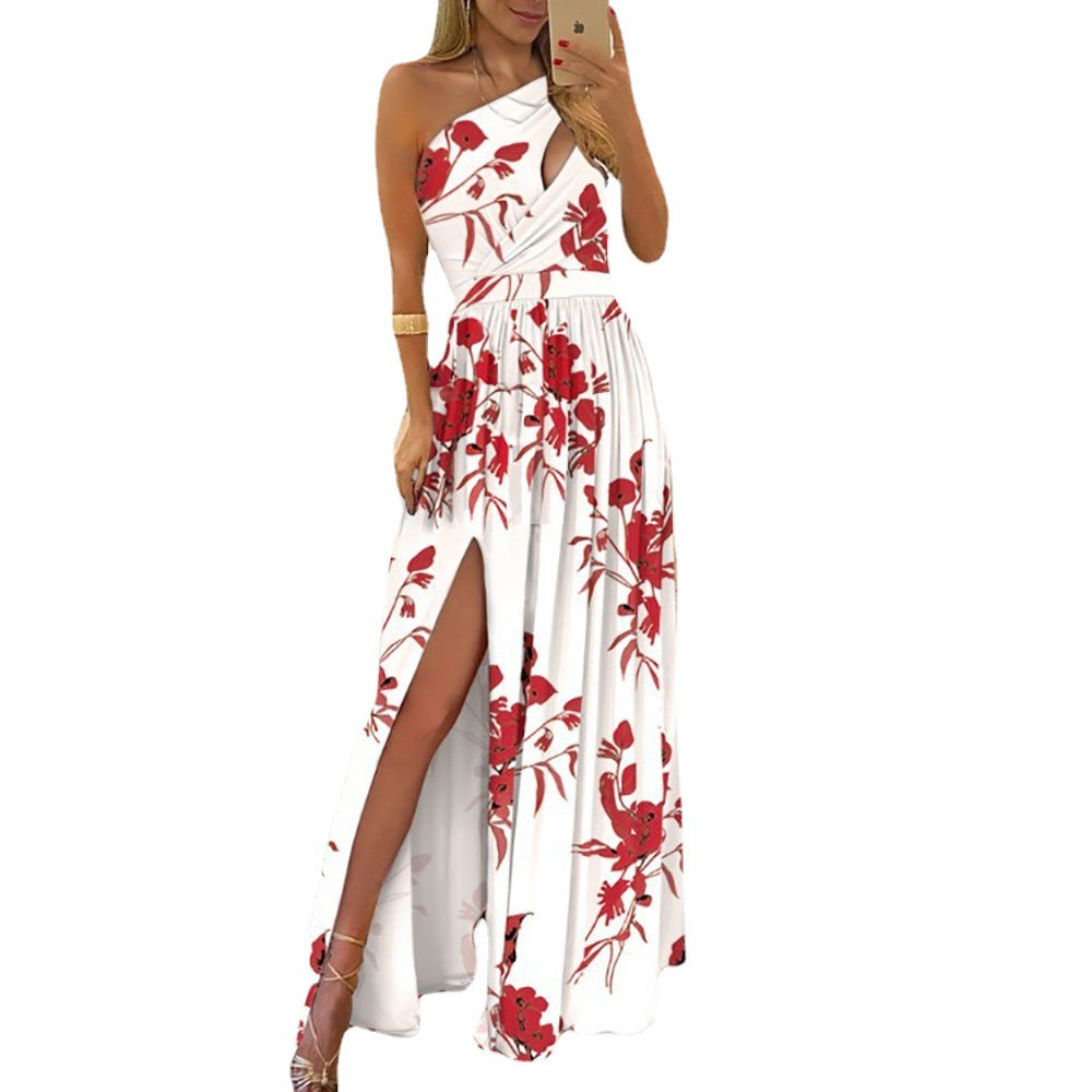 2026 spring new European and American clothing foreign trade slanted shoulder temperament dress sleeveless sexy high-waisted slit dress