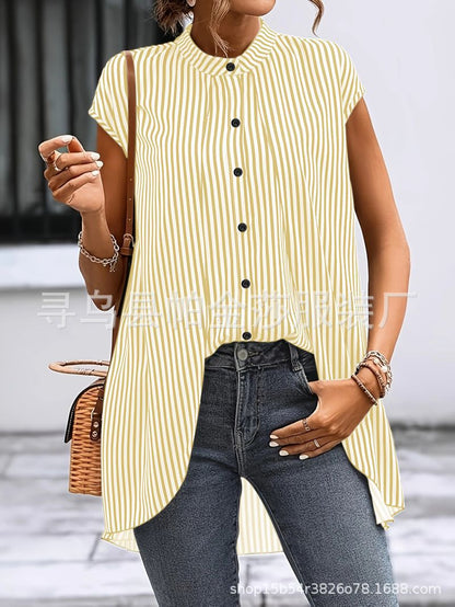2026 Cross-border Amazon European and American women's striped small stand collar collar leave two-piece short-sleeve plus-size shirt shirt lazy shirt