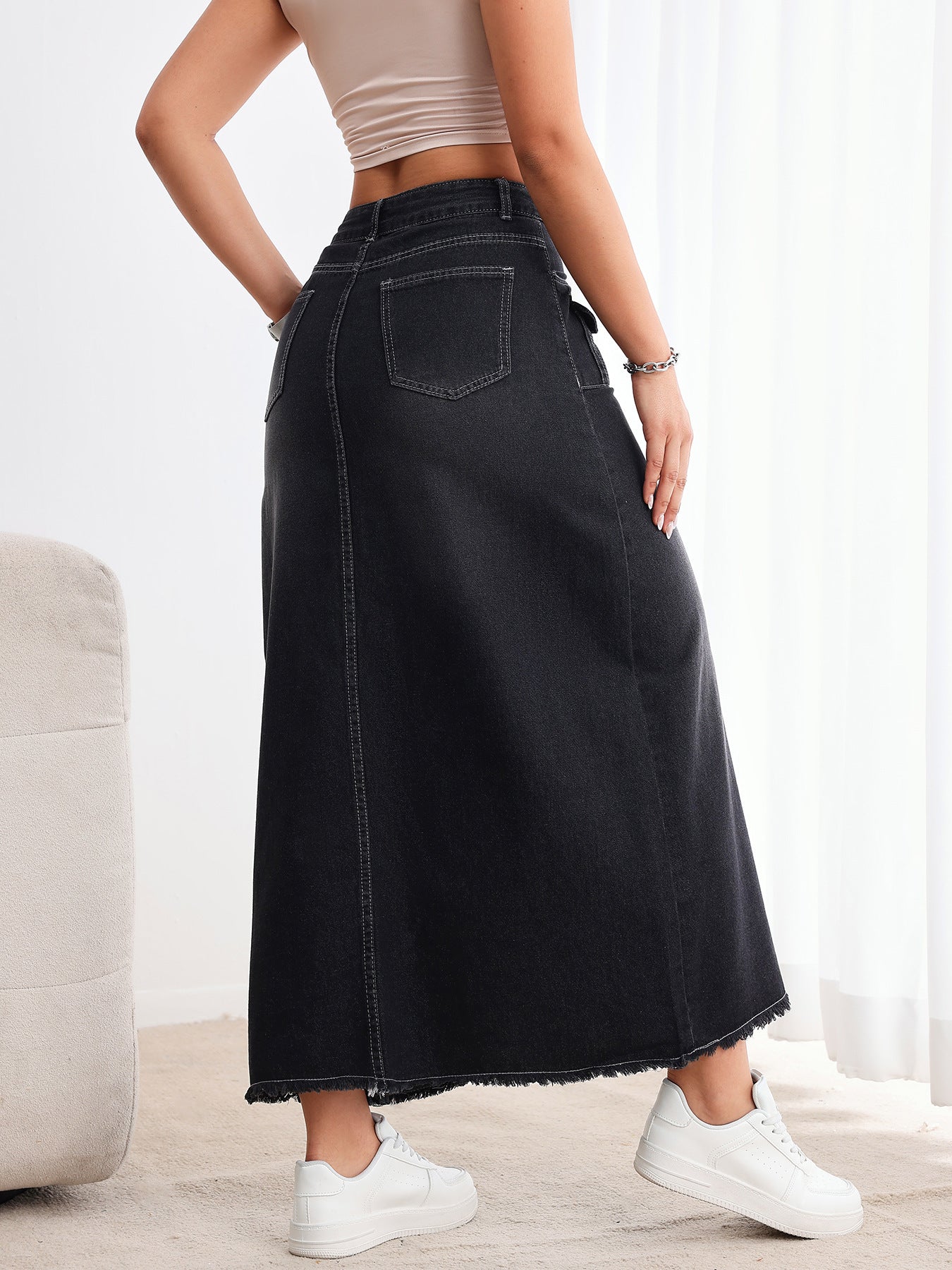 TEMU cross-border American retro washed denim skirt is worn loose and loose, with a multi-button mid-high waist to look slim