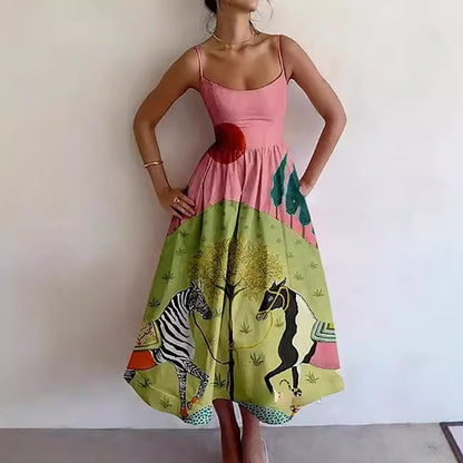 Amazon's new cross-border European and American fashion print pleated waist slip dress for spring 2026