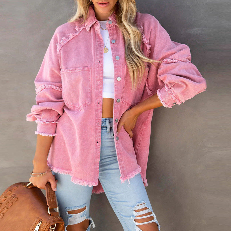 Factory Direct 2025 Fall Europe and America Long Sleeve Denim Jacket Women's Washed Raw Trim Midi Loose Jacket In Stock