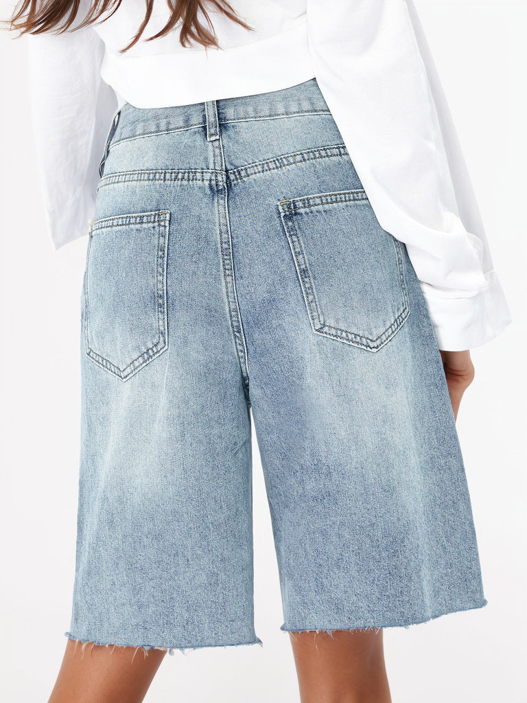2025 cross-border summer American high-waisted retro worn jeans women's distressed loose raw edge cropped pants are cool