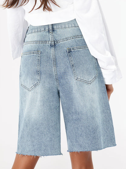 2025 cross-border summer American high-waisted retro worn jeans women's distressed loose raw edge cropped pants are cool