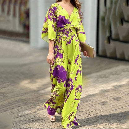 2026 spring new cross-border European and beautiful clothing temperament elegant printed loose bat sleeve high-waisted jumpsuit