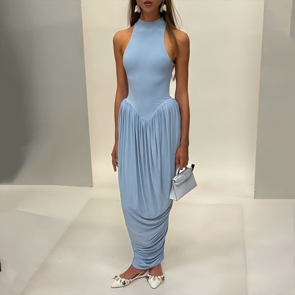 Cross-border wholesale European and American women's clothing new temperament solid color crew neck sleeveless slim slit pleated dress for women