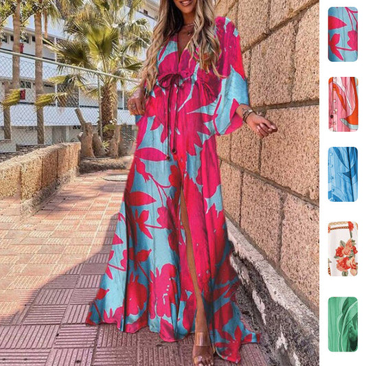 Vestido Amazon comprido com estampado, decote em V e atilhos nas costas, da nova coleção primavera 2026 de roupa feminina europeia e elegante.