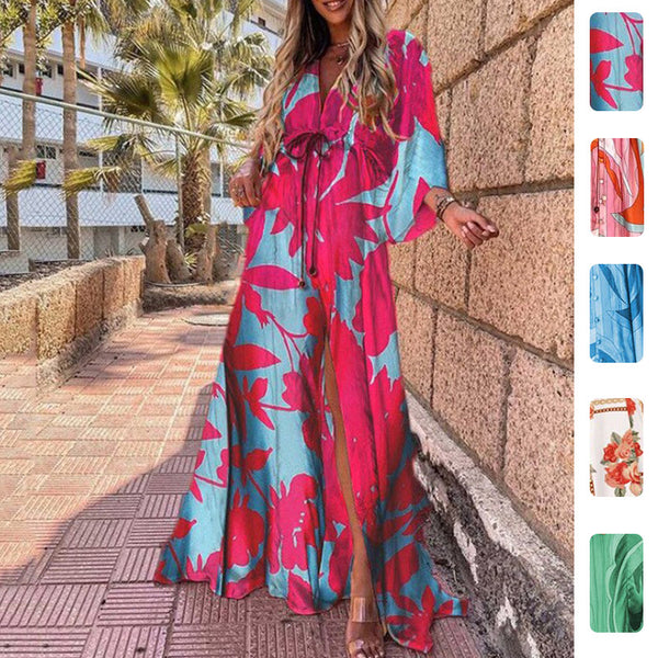 2026 spring new cross-border European and beautiful women's clothing ins Amazon V-neck print lace-up large pendulum long dress