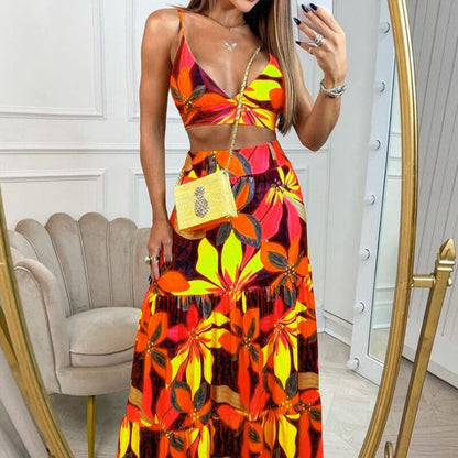 AliExpress 2025 European and American foreign trade women's elegant temperament printed V-neck suspender half-length long skirt set