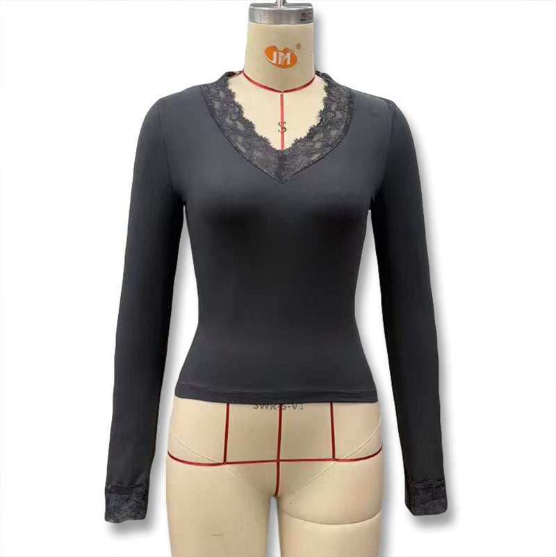 Foreign trade European and American style women's autumn and winter new sexy V-neck lace patchwork waist crop long sleeve top for women