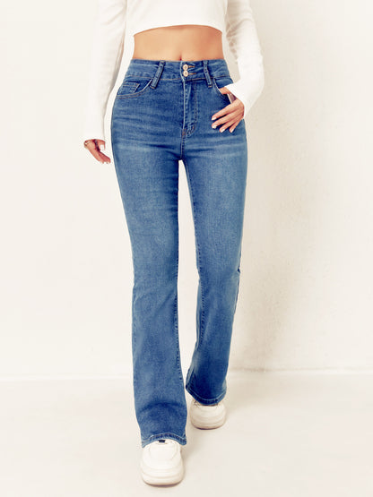 European and American cross-border trend women's clothing high-waisted double-button stretch slim slimming bootcut denim trousers WOMEN JEANS