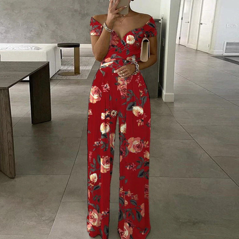 Amazon's new European and American clothing in spring personality casual one-shoulder fashion print temperament high-waisted jumpsuit