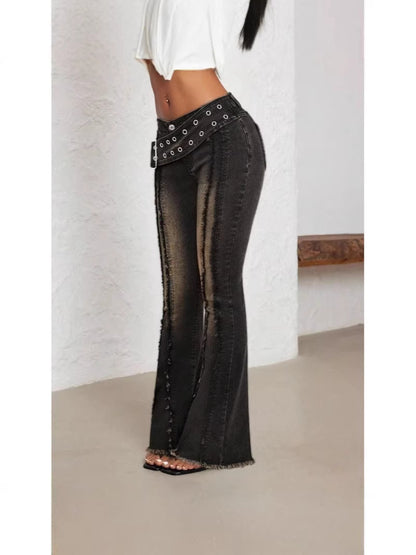 Cross-border AliExpress foreign trade model new women's low-rise flared pants with sun buckle raw hem women's jeans