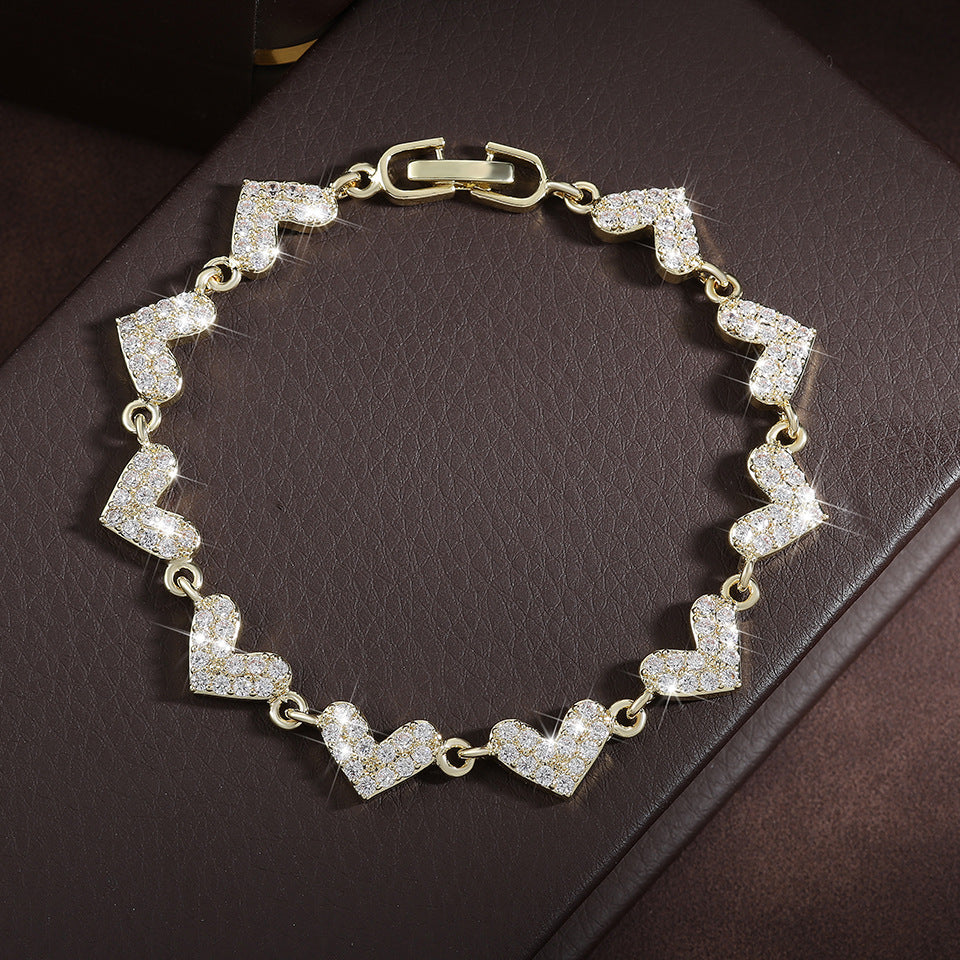 Cross-border bestseller heart-shaped fully inlaid zircon bracelet, light luxury niche wristband, versatile commuting hand accessory, TEMU bestseller