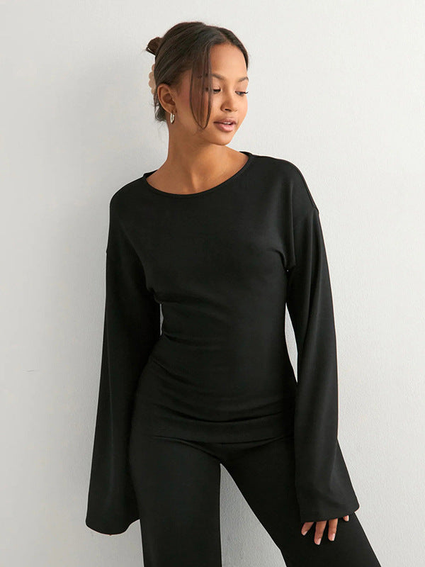 Cross-border autumn and winter new women's clothing simple solid color flared sleeves long sleeves crew neck top loose bootcut pants fashion suit