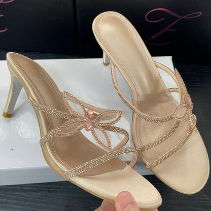 WO Huizhou City 2026 Summer European and American fashion round toe, thin heel and thick heel, rhinestone bow, versatile slipper girl
