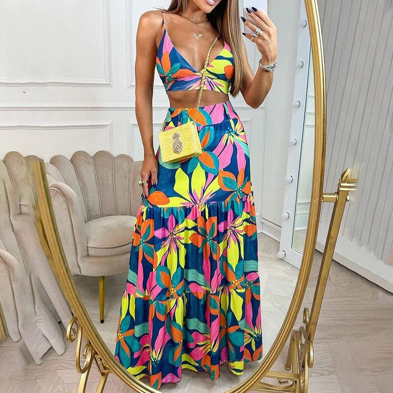 AliExpress 2025 European and American foreign trade women's elegant temperament printed V-neck suspender half-length long skirt set