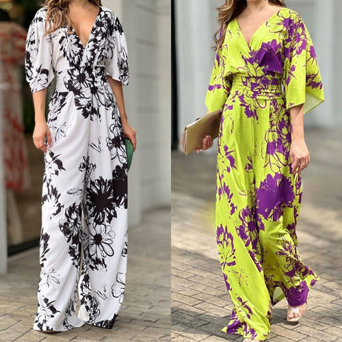 2026 New European Women's Clothing ins Fashion Elegant Printed Bat Sleeve Waist V-Neck Women's Jumpsuit Women 661