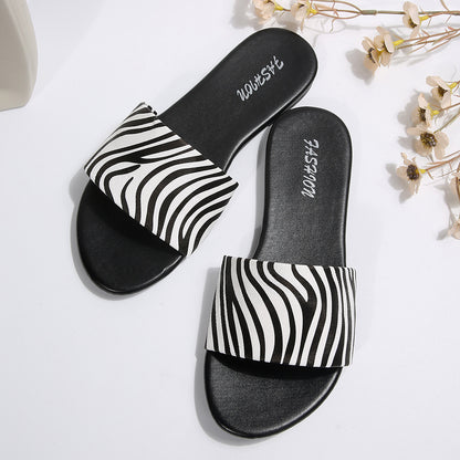 European and American cross-border women's shoes, export animal print decorative fashion slippers, elegant versatile round-toe flat sandals